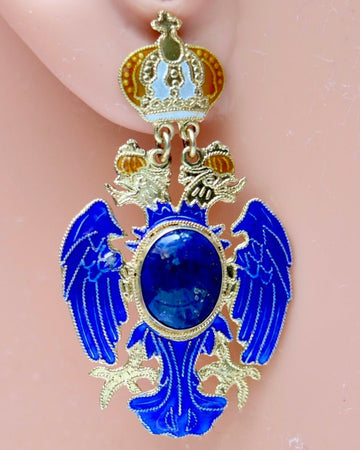 Vintage Shashi Russian Eagle Enamel Lapis Earrings