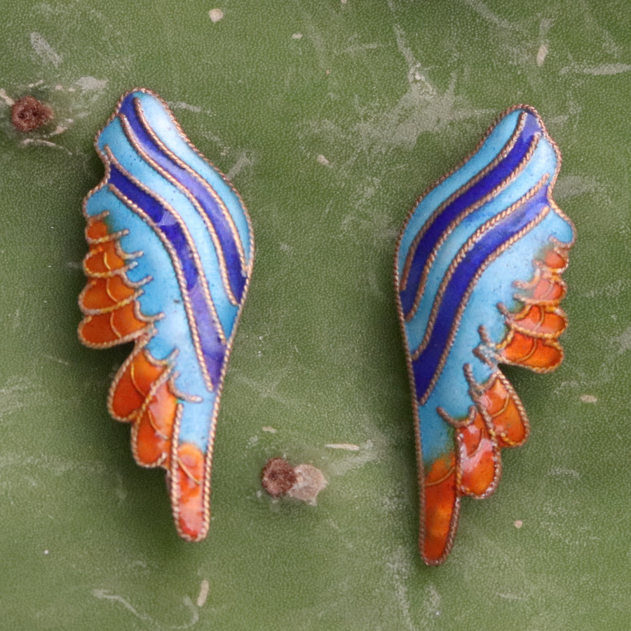 Vintage Thousand Flowers Orange and Blue Birds Wing Earrings